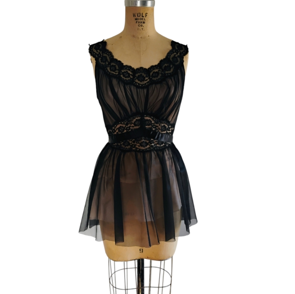 Unique Black And Cream Vintage Blouse Eith Lace Trim Babydoll Top Dress